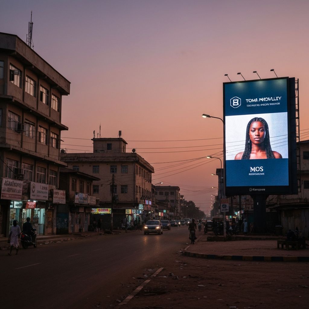 Illuminated evening billboard in African city